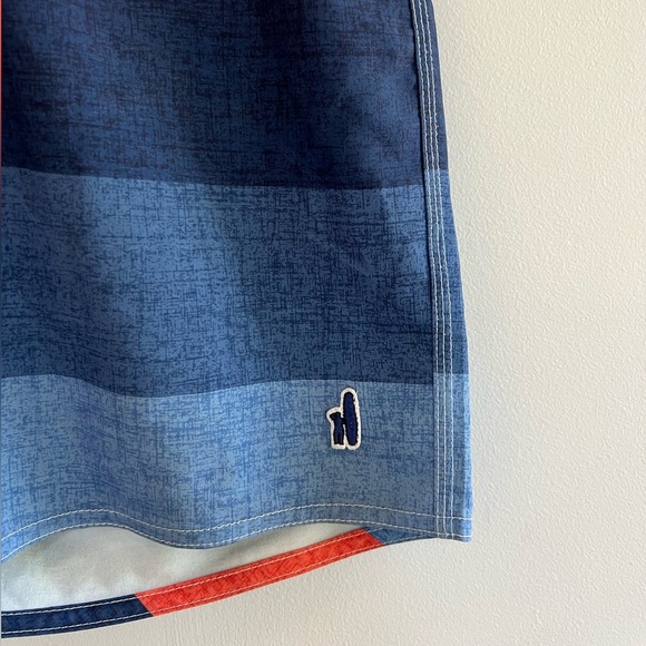 Johnnie-O 9” Shore Half Elastic Surf Swim Shorts in Blue and Orange Stripes, S - Picture 3 of 8